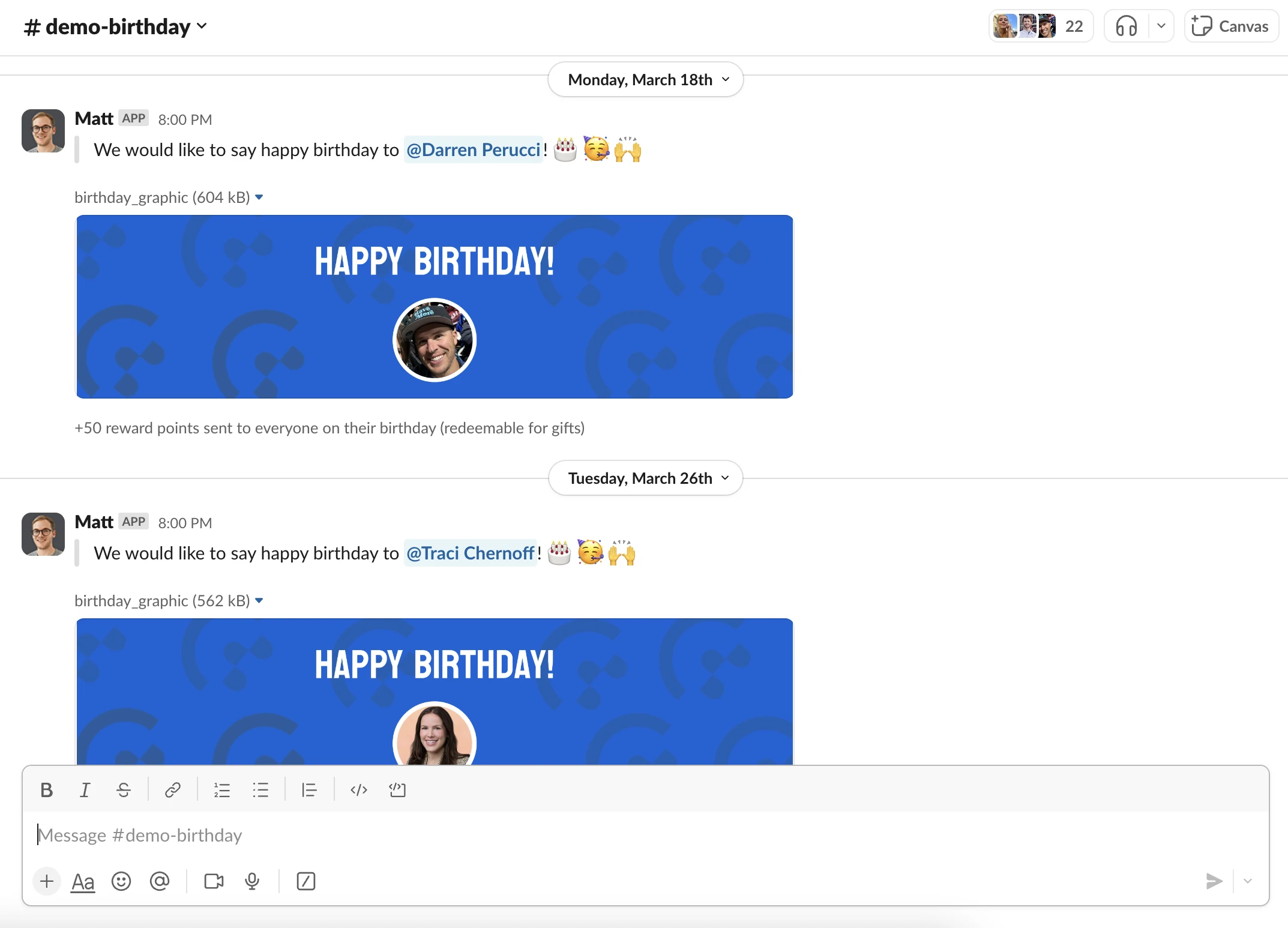 virtual birthday celebrations in Slack